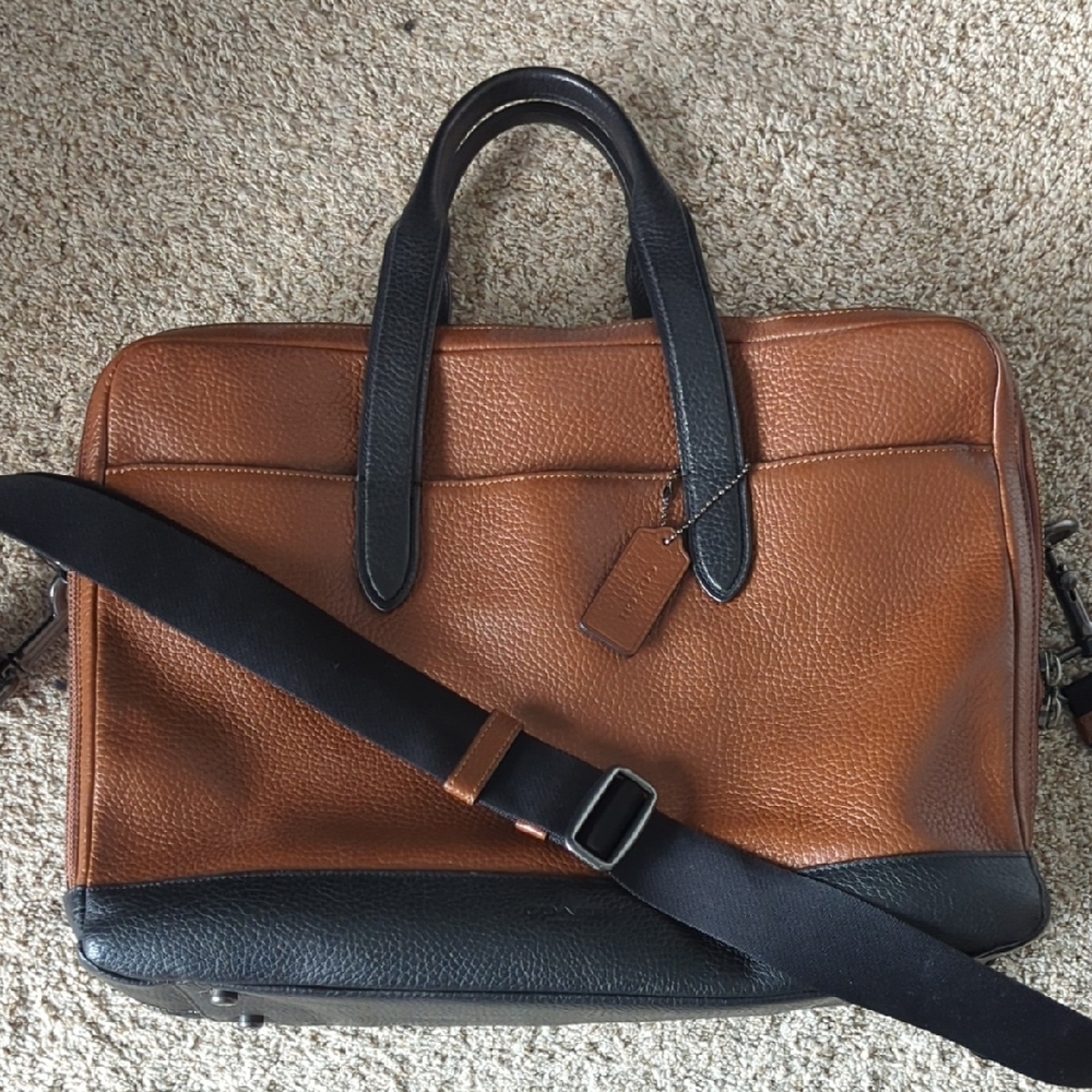 Brown and Black Leather Briefcase with Adjustable Strap